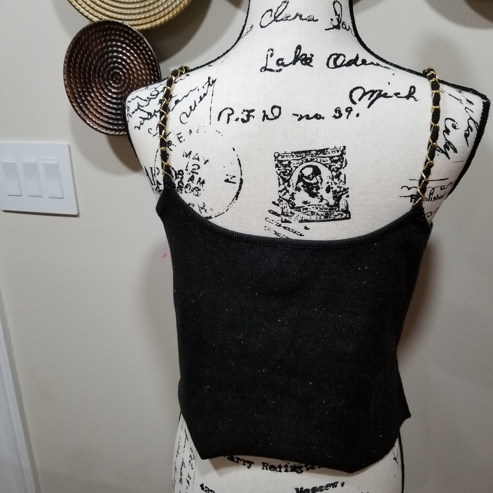 Black Cable & Gauge Top with Gold Glitter and Gold Chain Straps, SIZE L. - Picture 13 of 15